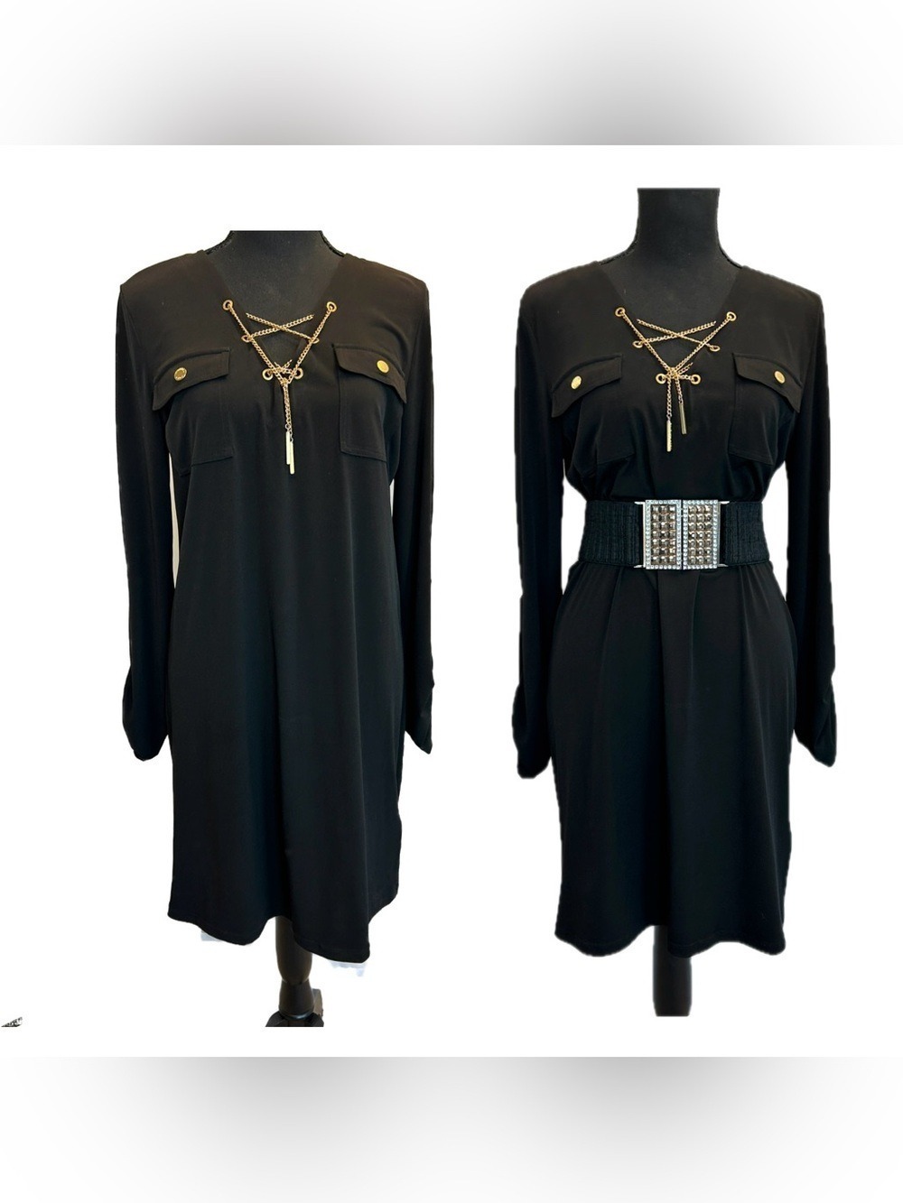 Michael Kors shift shirt dress gold-tone chain lace-up neckline flap pockets M